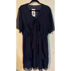 New BTFBM Navy Blue Swiss Dot Dress With Bow Tie Front XL